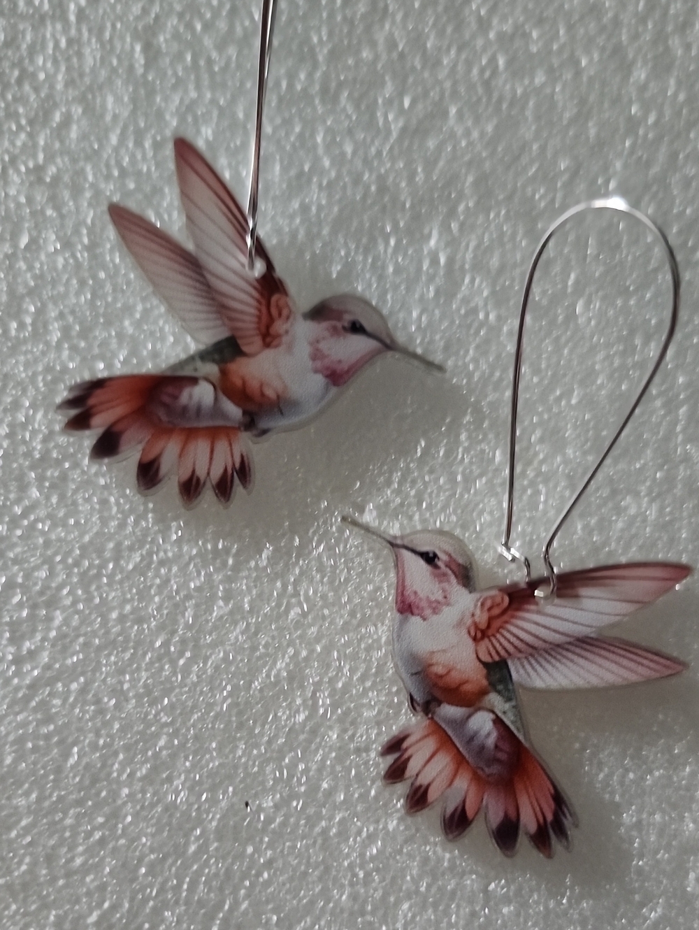 Hand Crafted Pink and White Hummingbird Drop Earrings